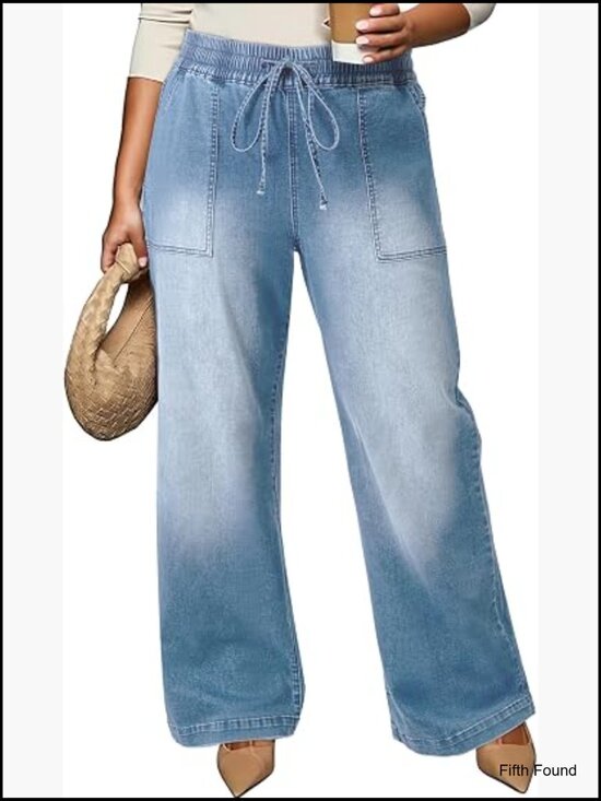 Denim - Plus Size High Waisted Straight Leg Drawstring Denim Pants Stretchy